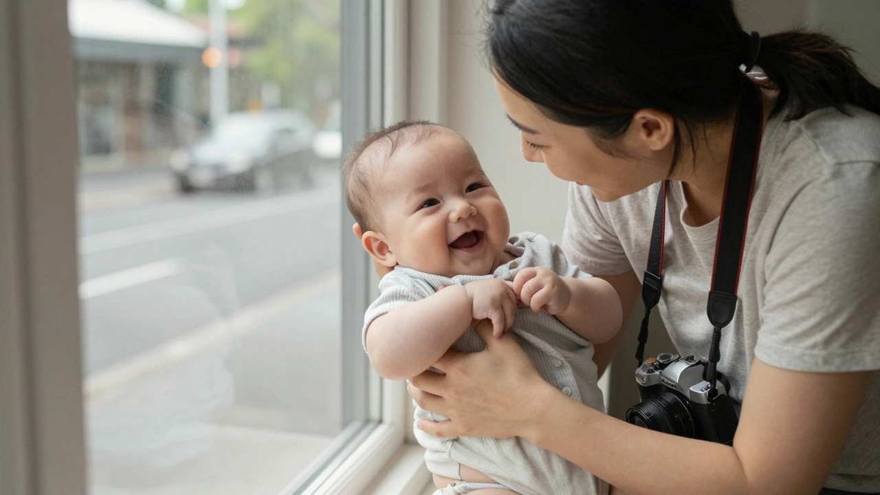 A nanny picks up a smiling baby, wearing a camera strap, in a quiet Melbourne home.