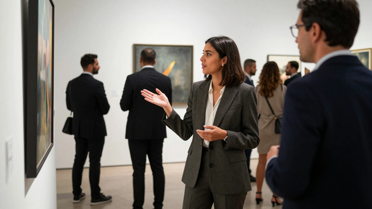 A professional female companion engaging in thoughtful conversation at an art gallery in Dubai.