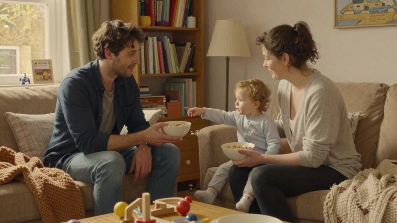A toddler reaches toward an adult who chose the same cereal as a familiar person, in a warm living room.