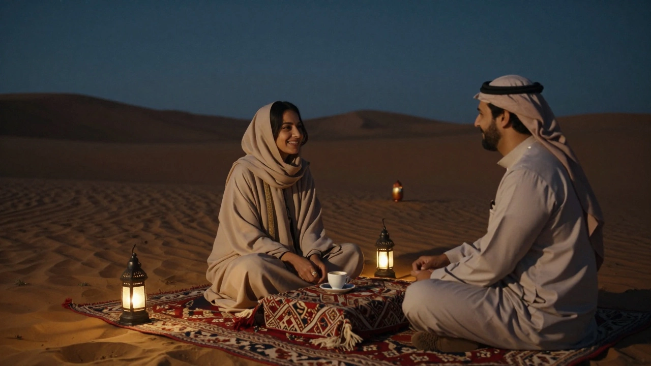 A woman sharing coffee with a client under the stars at a desert camp in Dubai.